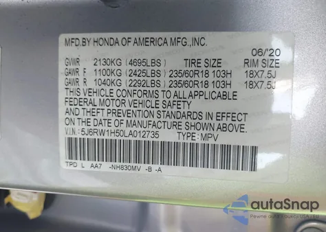 2020 Honda Cr-V Ex z USA, uszkodzony, nr VIN 5J6RW1H50LA012735